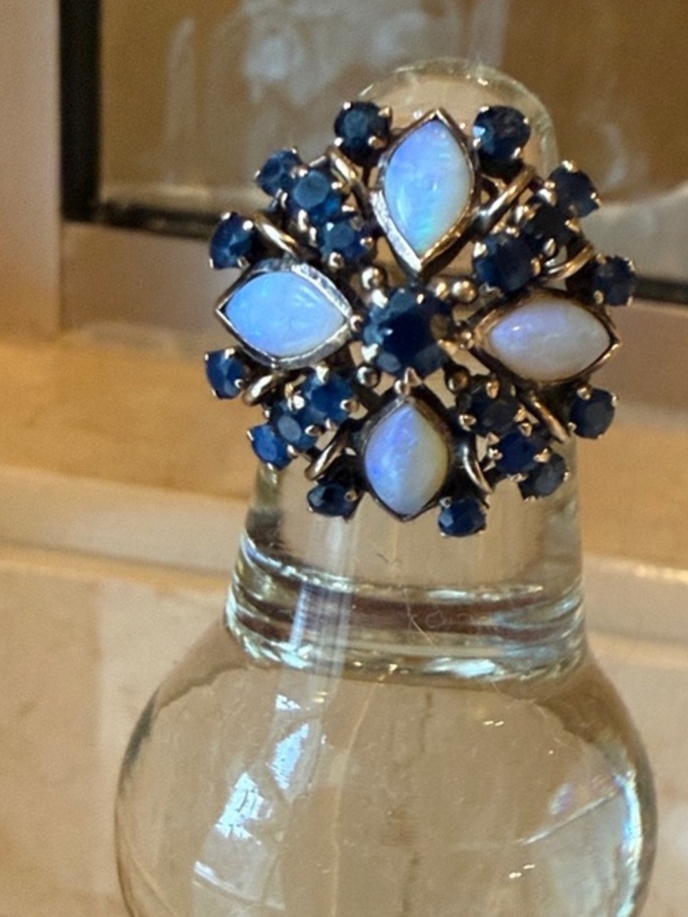 Vintage 14 karat gold,  Blue Opal and Sapphire Cluster Ring. Size 7.